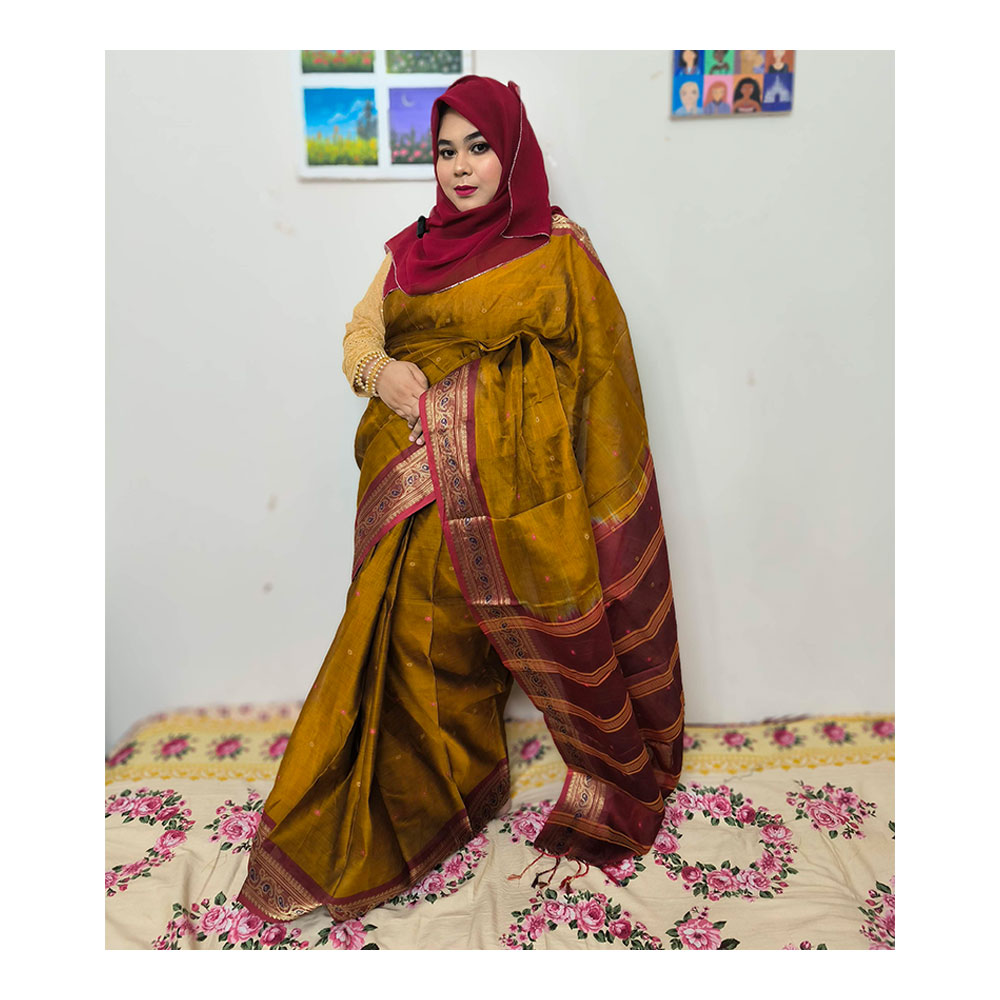 Mashlaish Cotton Buti Saree With Blouse Piece for Women - Brown - HP-3PP-502 (1 Pc Ring Free)