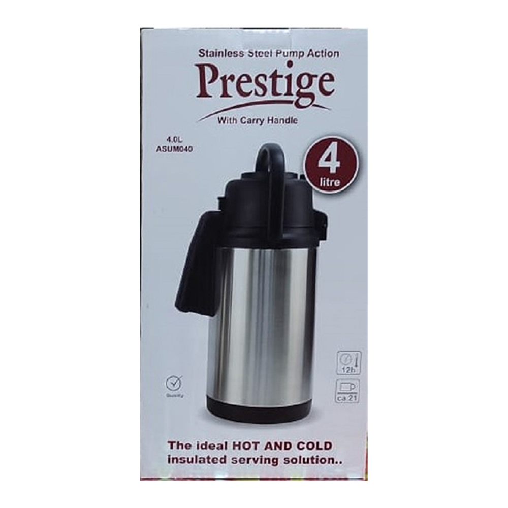 Prestige ASM040 Stainless Steel Tea and Coffee Vacuum Flask - 4 Liter - Silver