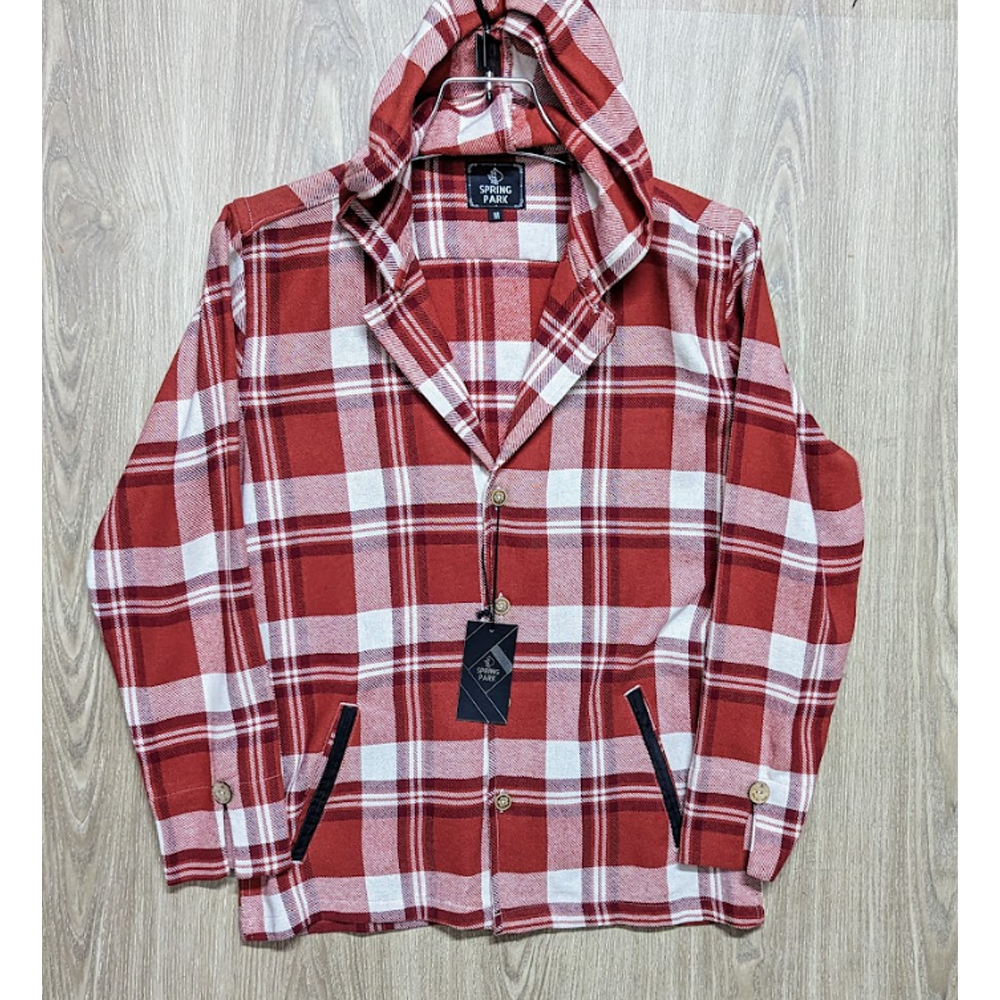 Flannel Cotton Hooded Shirt - Red - SP0015