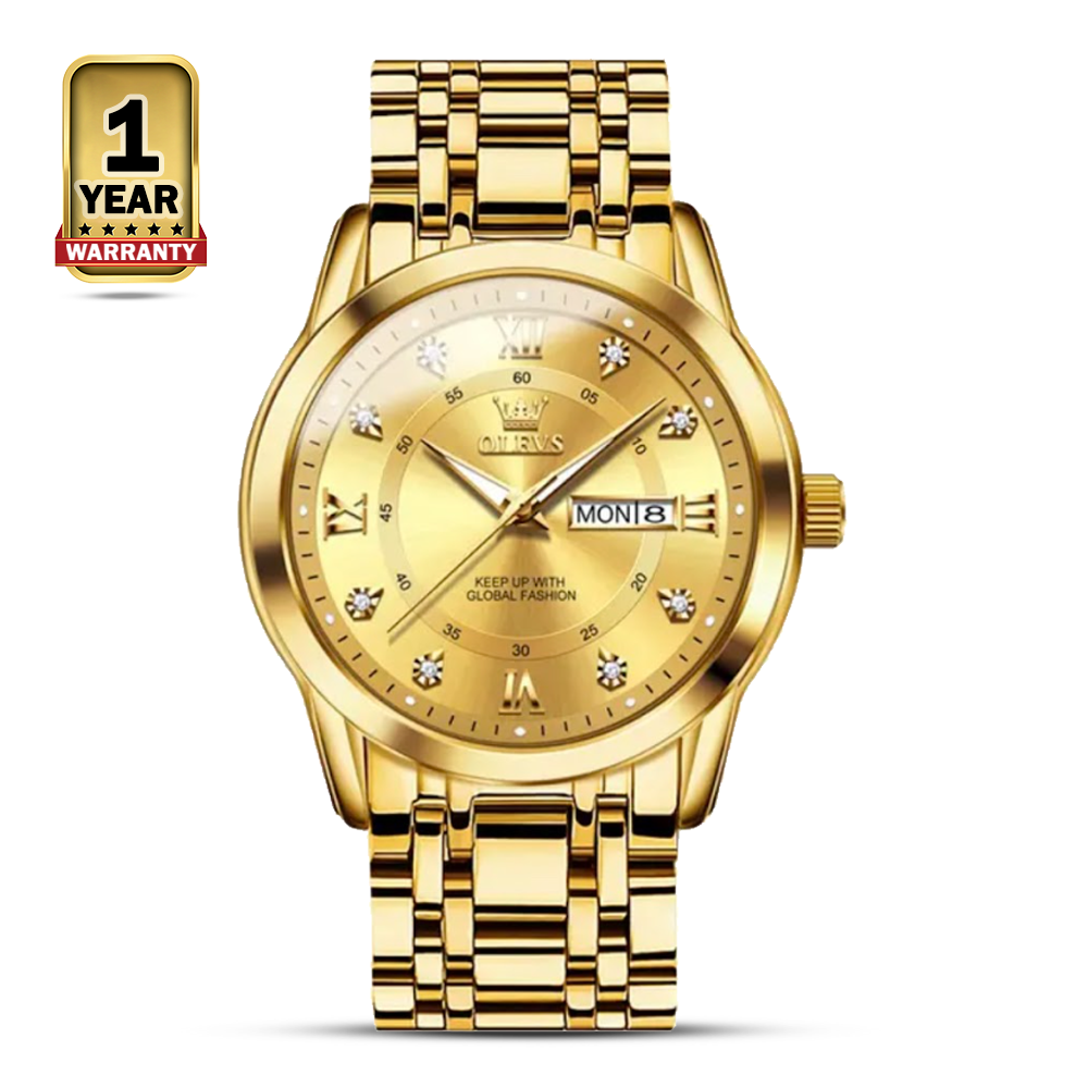 Olevs 5513 Stainless Steel Quartz Wrist Watch For Men - Golden