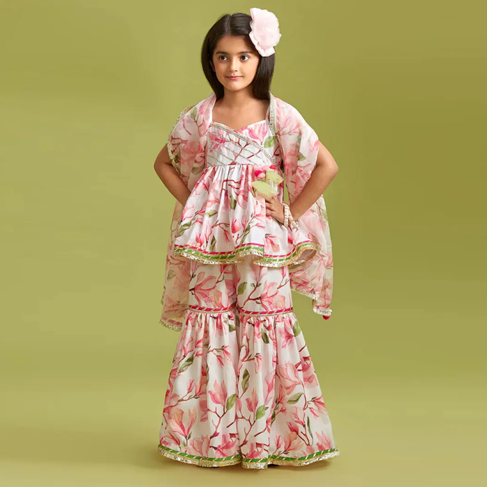 Linen Digital Print Baby Sharara Party Dress for Girls - Multicolor - 1901