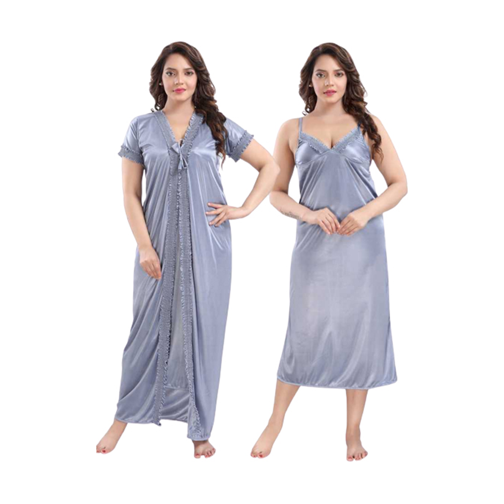 Satin 2 Part Night Wear For Women - Light Grey - ND-07