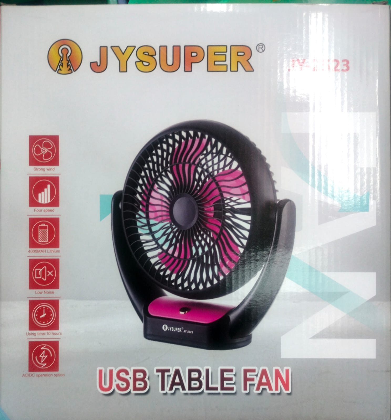 JYSUPER JY-2523 Rechargeable Wind Up-Down Movable Desk Fan With LED