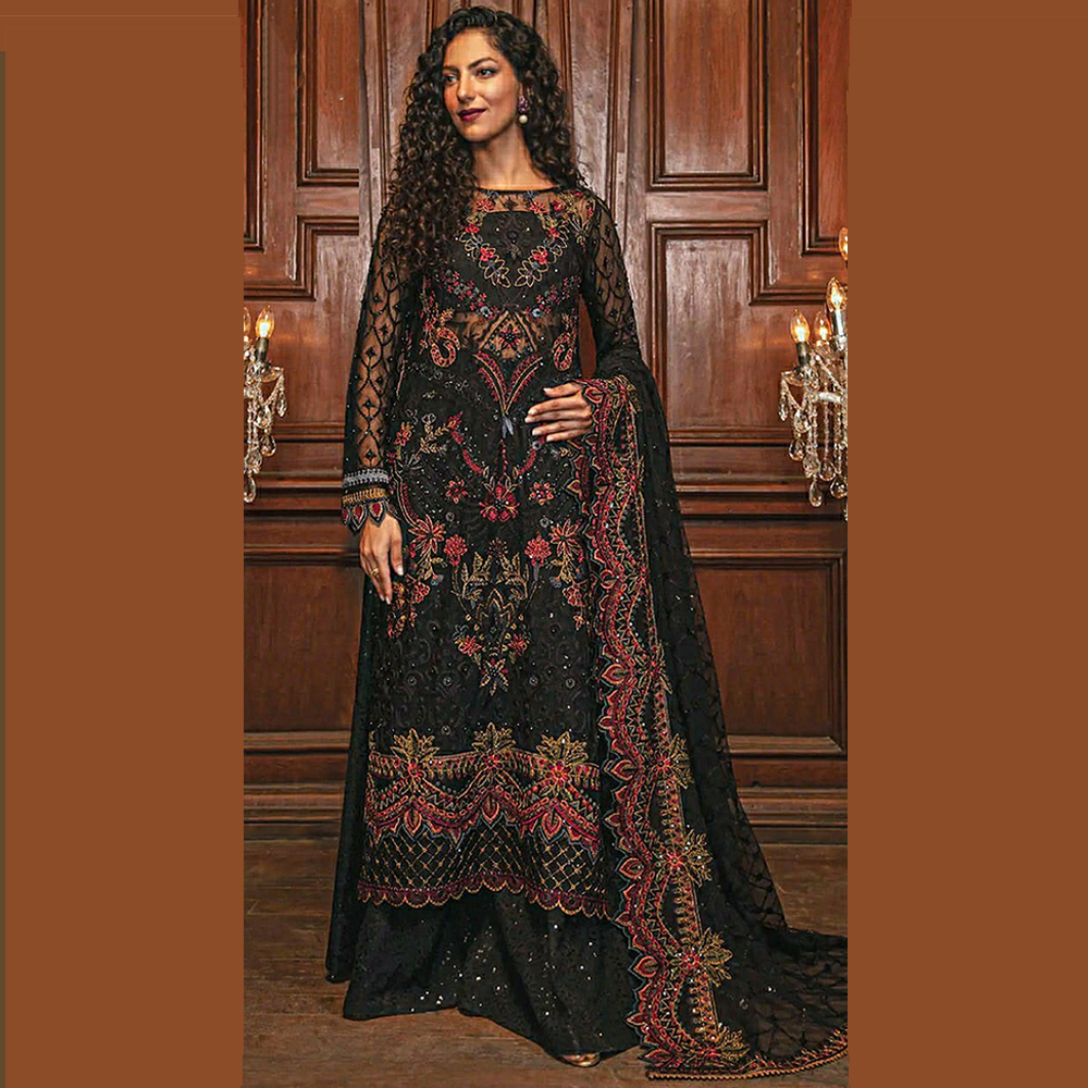 Unstitched Embroidered Net Party Wear Suit 4Pcs For Women - Black - K-1698