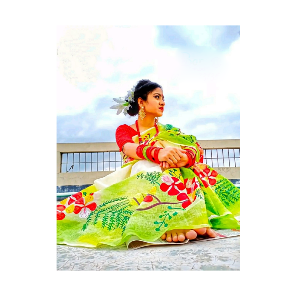 Hand Printed Half Silk Saree For Women - Multicolor