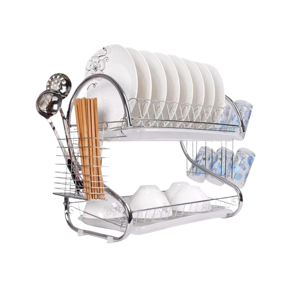 Stainless Steel Two Layer Dish Drainer Rack - Silver