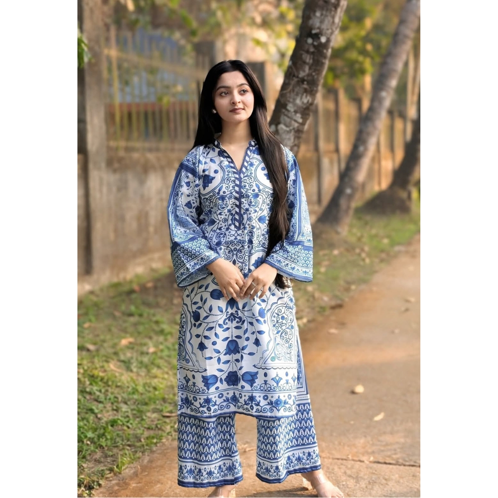 Dubai Silk Digital Print Two Pieces For Women - Blue