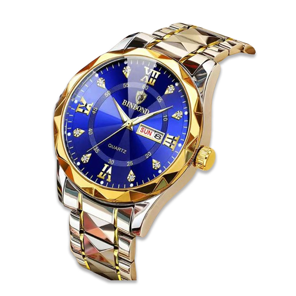 Binbond B2521 Stainless Steel Quartz Wrist Watch For Men - Golden Blue