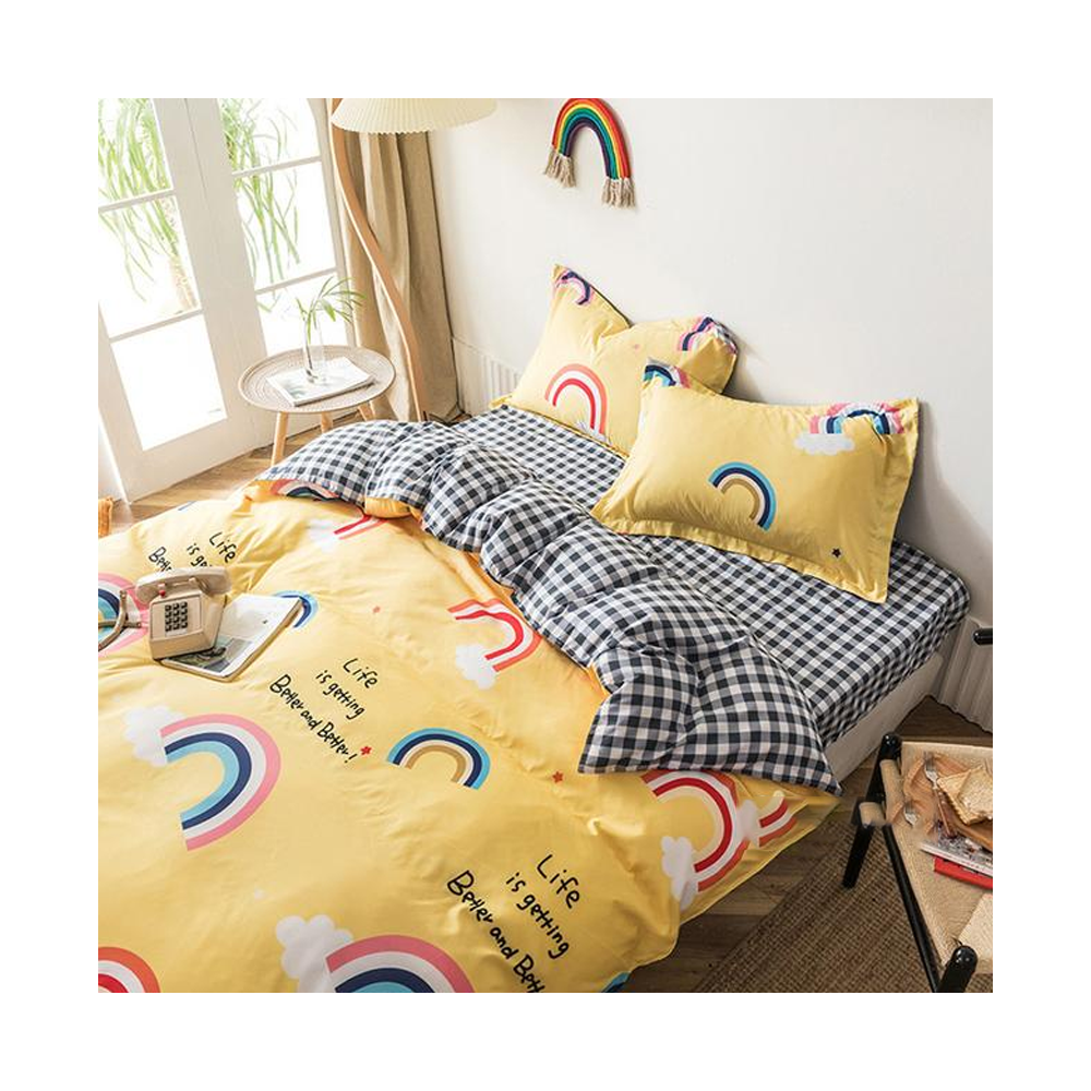 Premium Polyester King Size Rainbow Bed Sheet Cover - 4 Pcs Set - Yellow