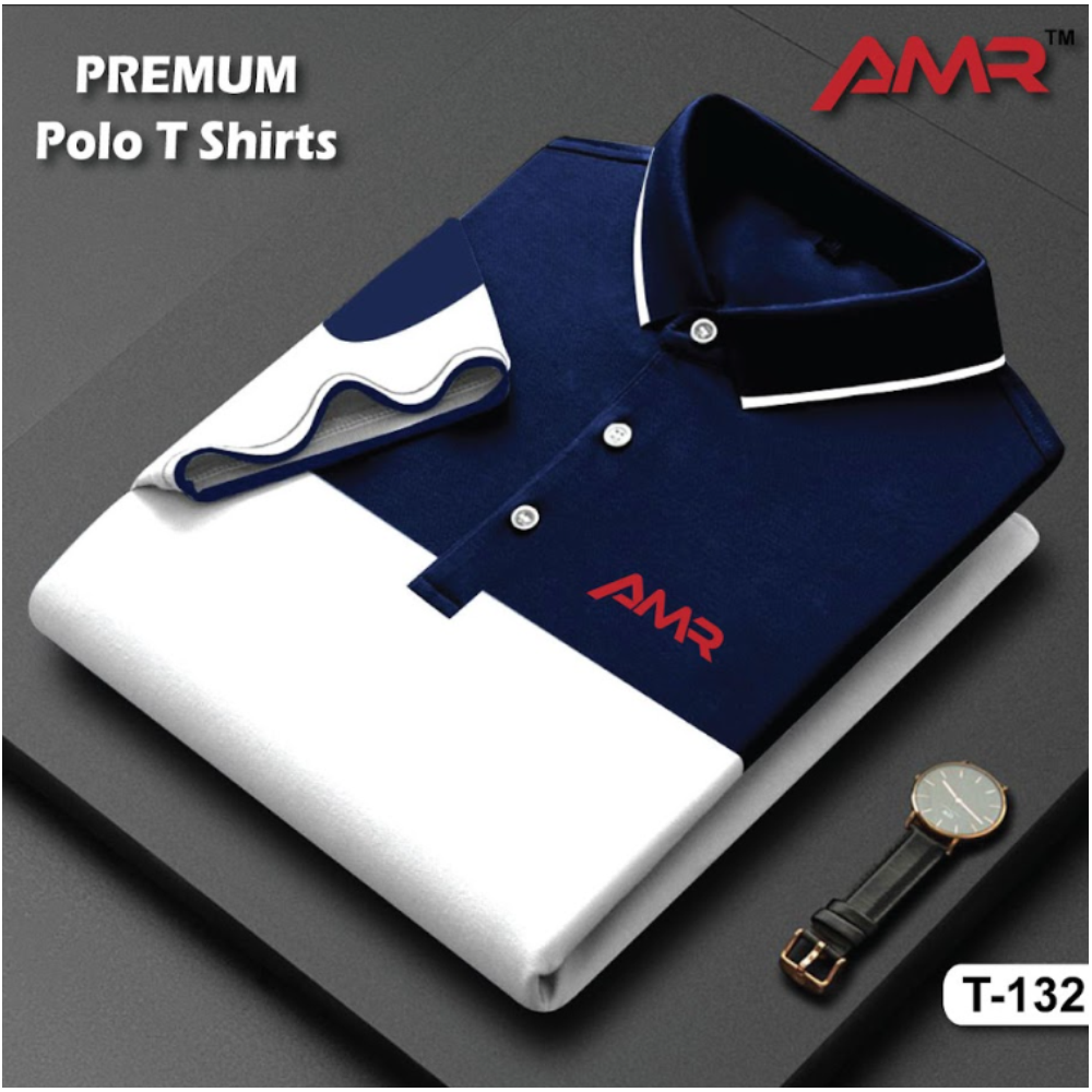 Cotton Half Sleeve Polo Shirt For Men - Blue and White - T-132