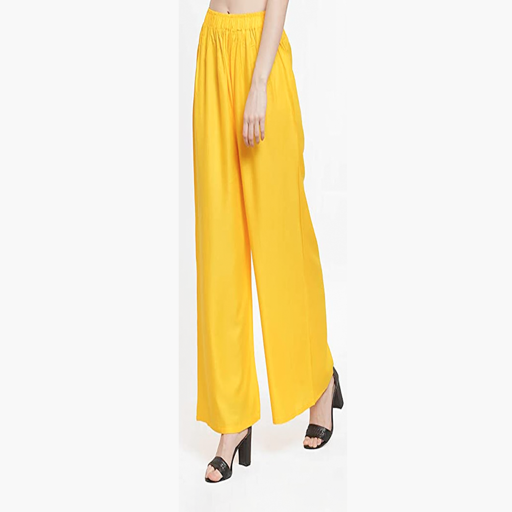 Linen Loose Fit Flared Wide Palazzo Pants For Women - Yellow
