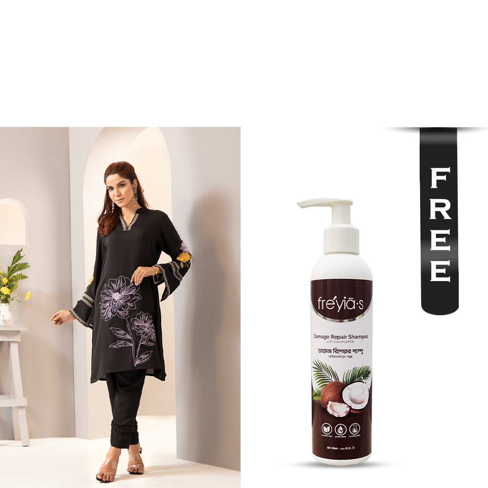 Buy Showstopper Cherry Georgette Kurti for Women - 0224 000304 - Black and Get Freyias Damage Repair Shampoo with Coconut Milk - 220ml Free