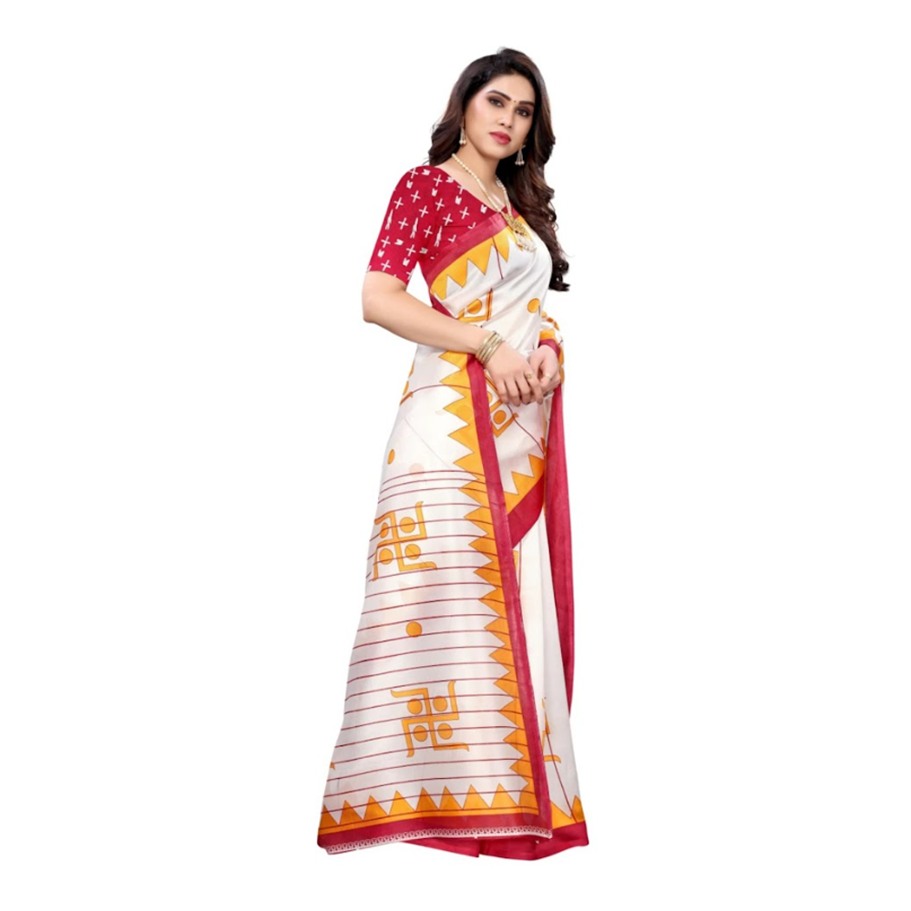 Puja Special Half Silk Hand Print Saree for Women - White and Red - TTS-15