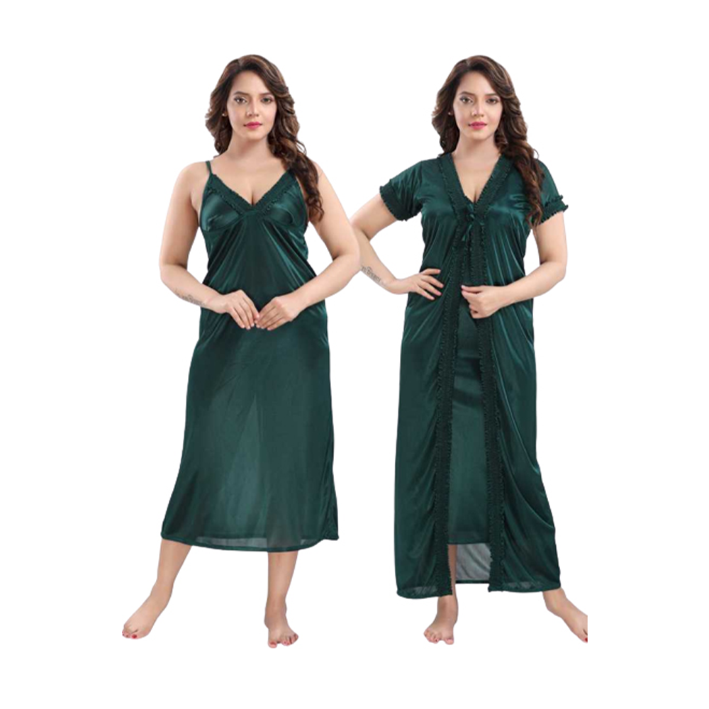 Satin 2 Part Night Wear For Women - Deep Green - ND-09