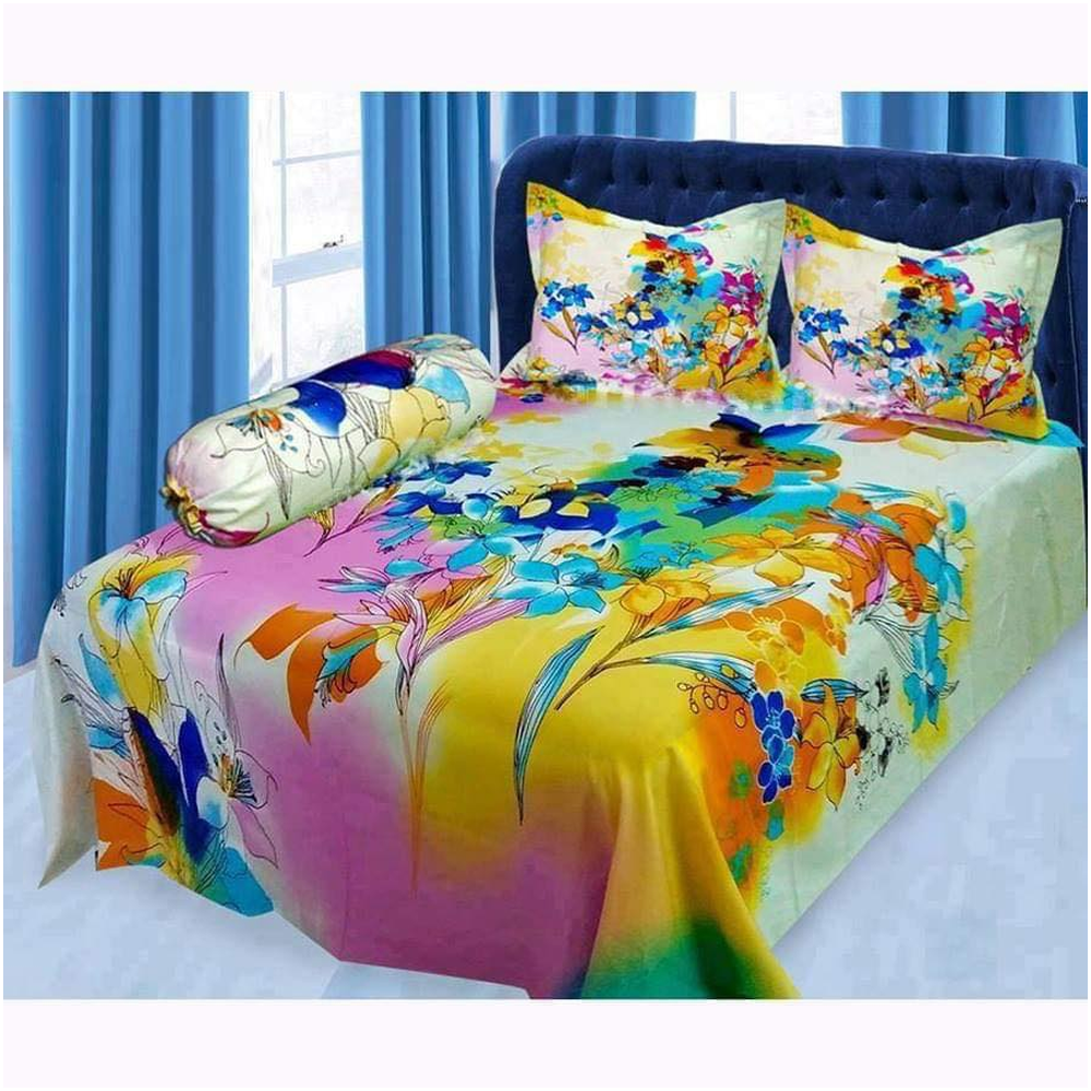 Panel Cotton King Size Bedsheet With Pillow Cover - Multicolor - 192425