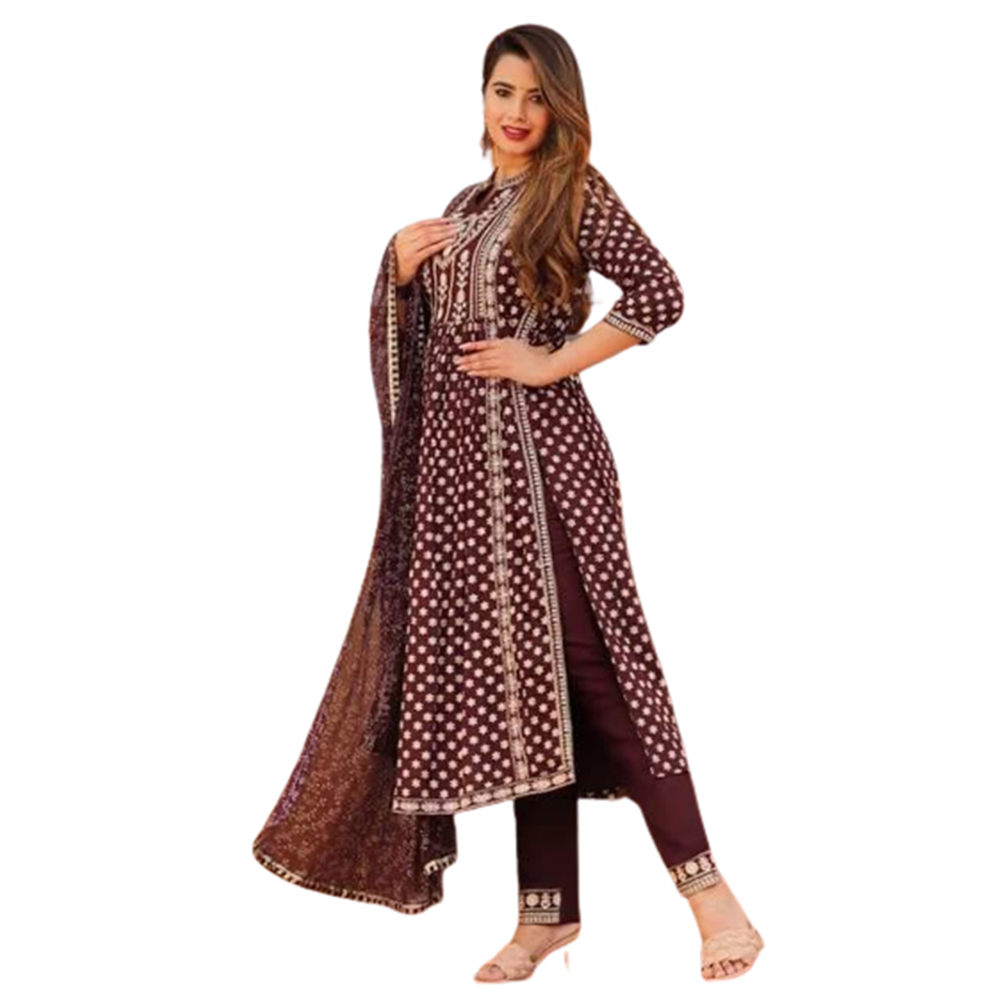 Cotton Nayra Cut Readymade Salwar Kameez For Women - Brown - GR-06