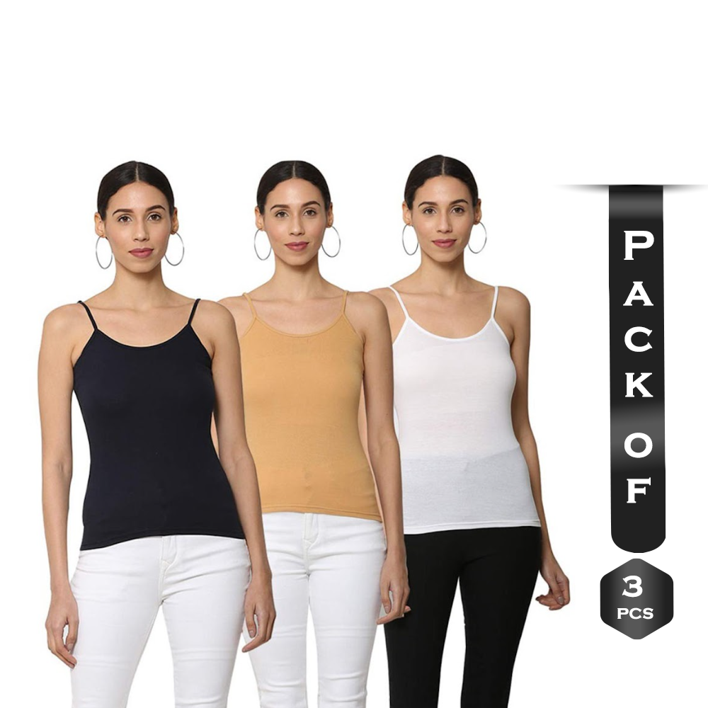 Pack of 3 Pcs Cotton Sleeveless Tank Tops for Women - Multicolor - u3019