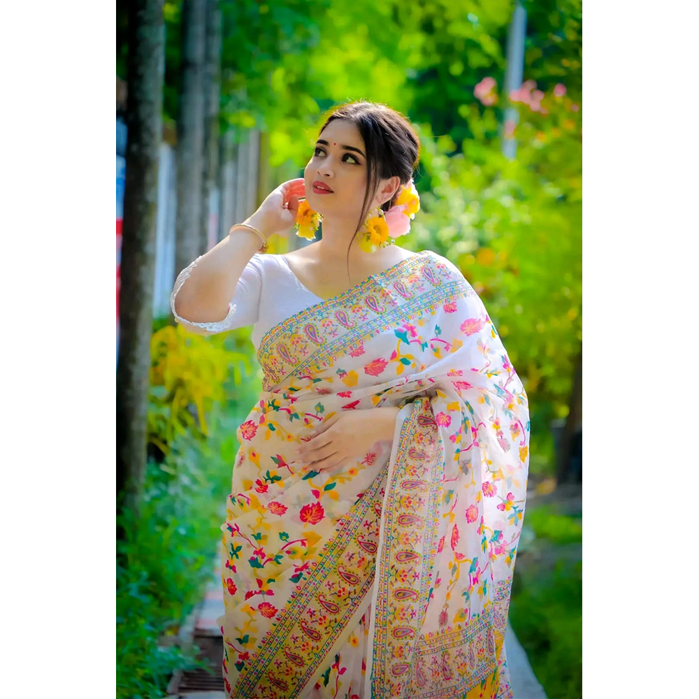 Half Silk Screen Print Saree for Women - Multicolor - HS 00027