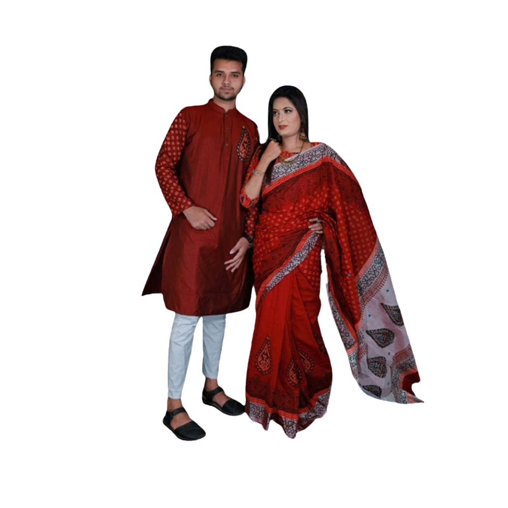 Exclusive Couple Set Saree With Panjabi - Maroon - CS-B6