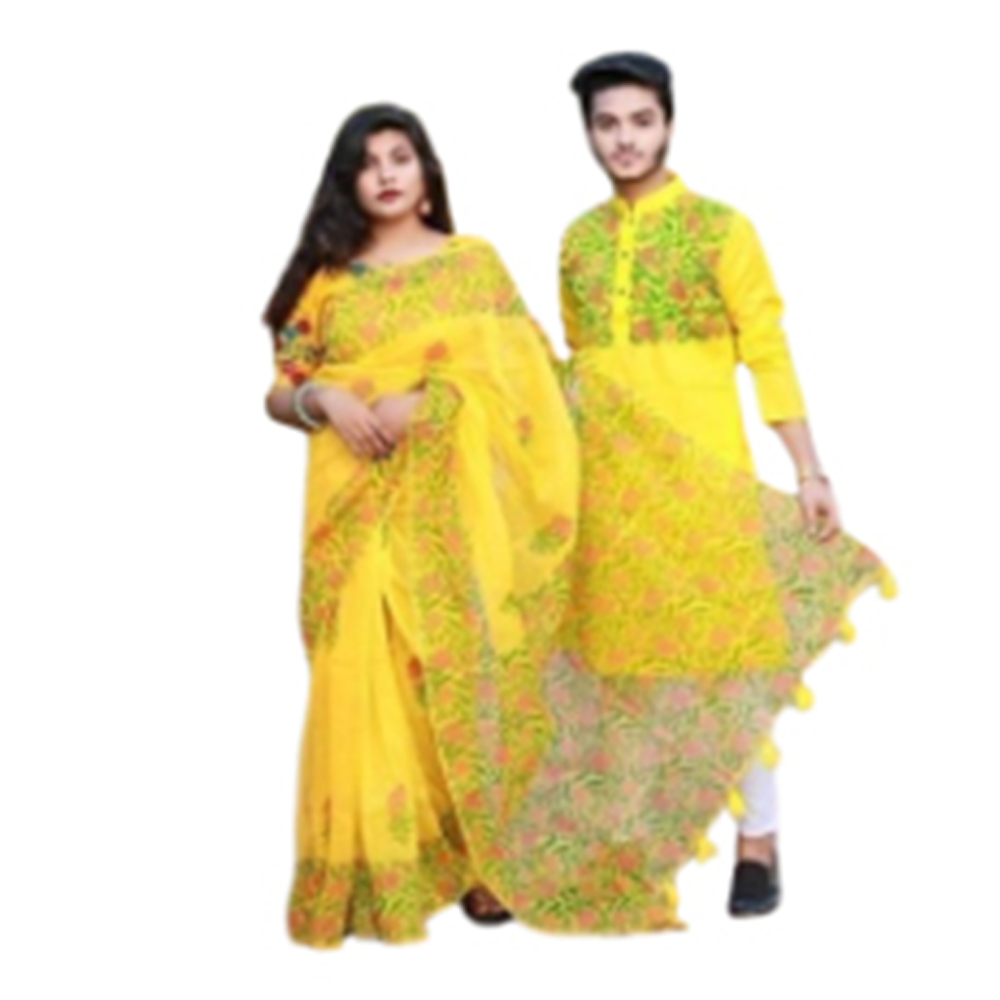 Half Silk Block Print Saree and Silk Cotton Panjabi For Couple - Yellow - CS-B22