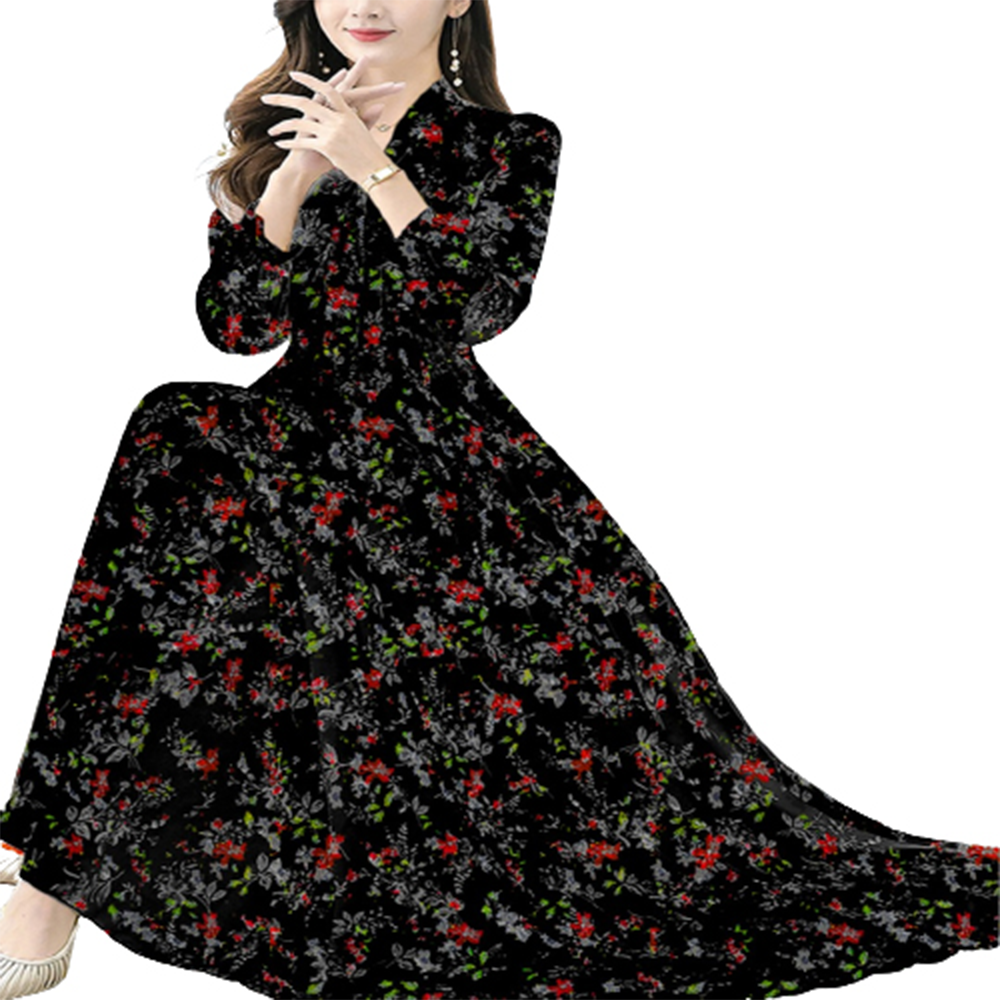 China Linen Printed Long Gown For Women - Black - GL-02
