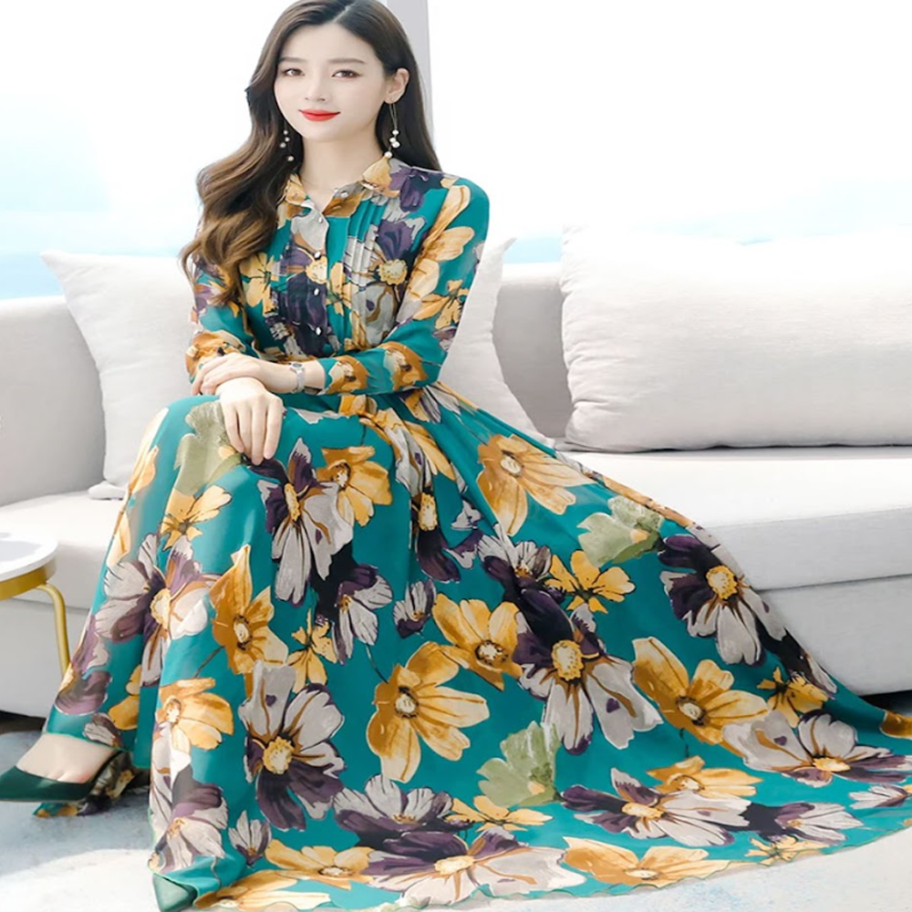 Linen Digital Print Long Sleeve Gown For Women - Green - 1606