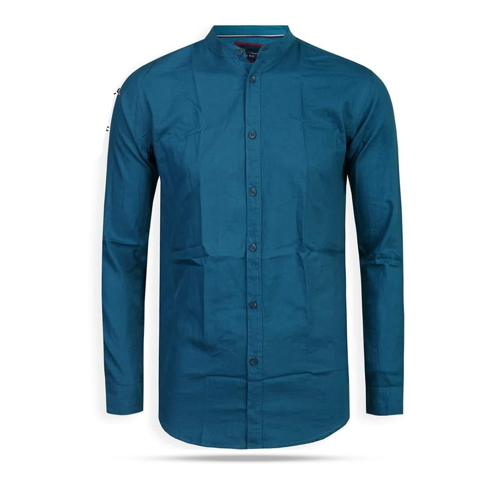 Oxford Cotton Full Sleeve Band Collar Shirt For Men Teal OP37