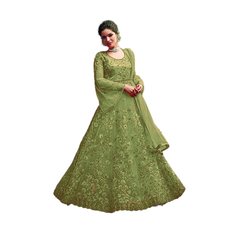 Unstitched Embroidery Work Georgette Anarkali Gown Dress For Women - Green