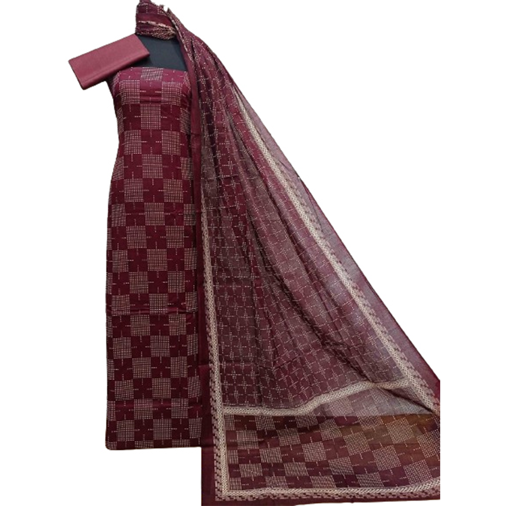 Cotton Unstitched Printed Salwar Kameez For Women - Maroon - 3R-P121