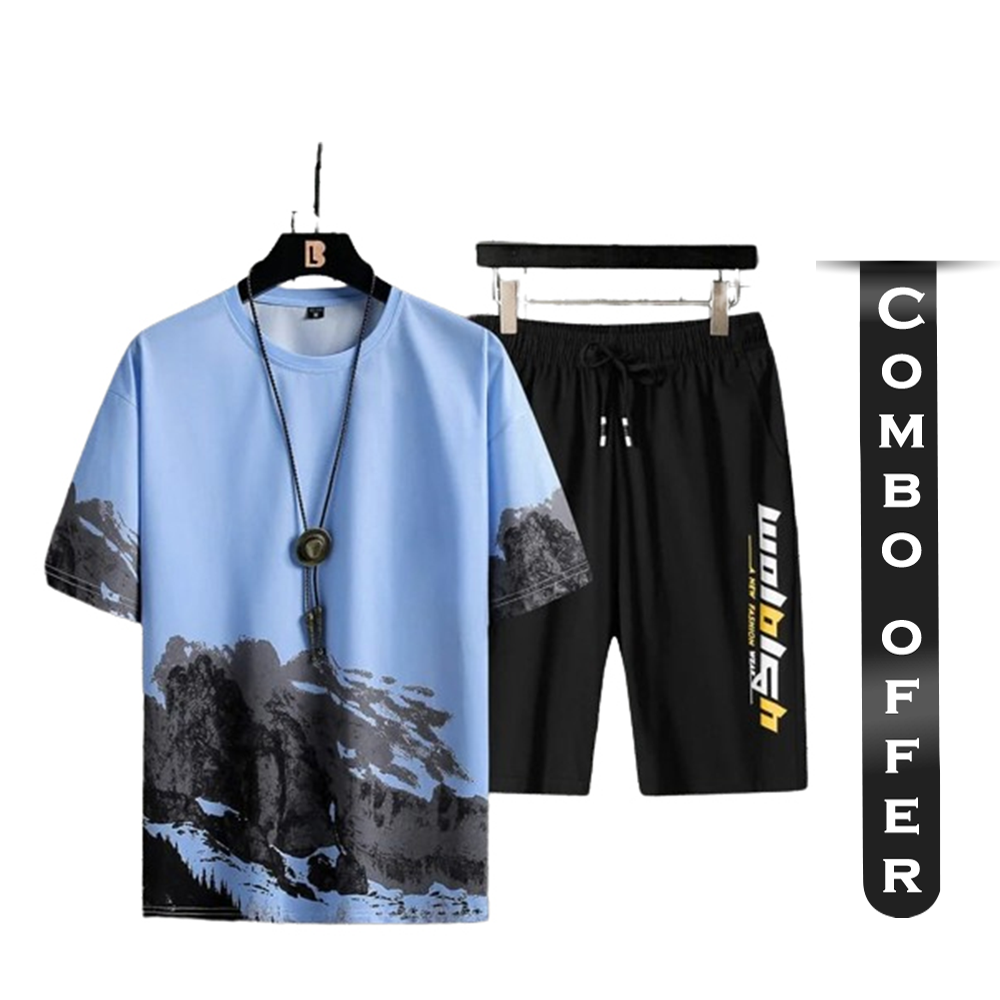 Combo Of PP T- Shirt and Half Pant For Men - Black and Light Blue - T3-N08