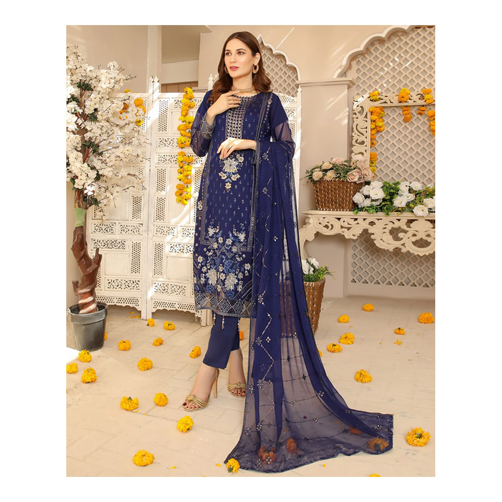 Semi-stitched Chiffon Party Dress for Women - Blue - HP-3PP-302 (1 Pc Ring Free)