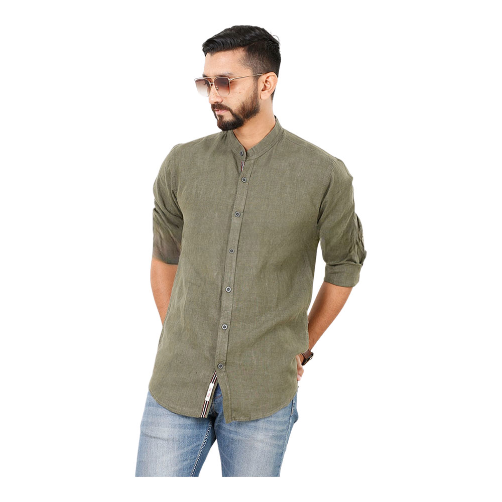 Cotton Casual Band Collar Shirt For Men - Olive