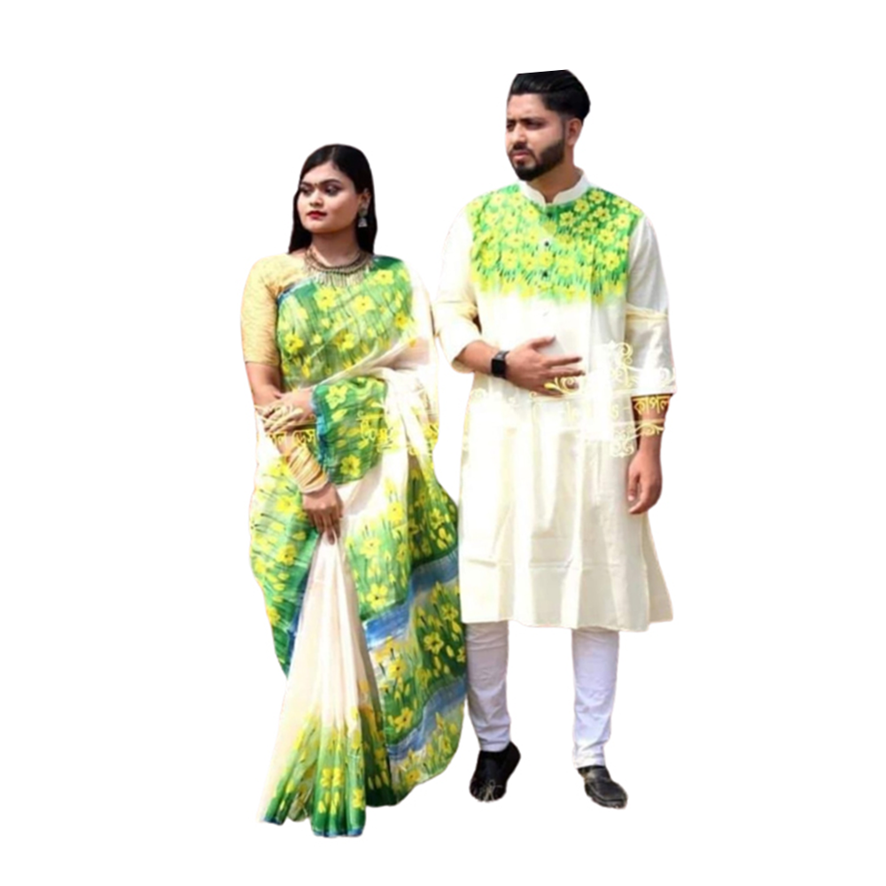 Hand Print Couple Set Saree With Panjabi - Green - CS-80