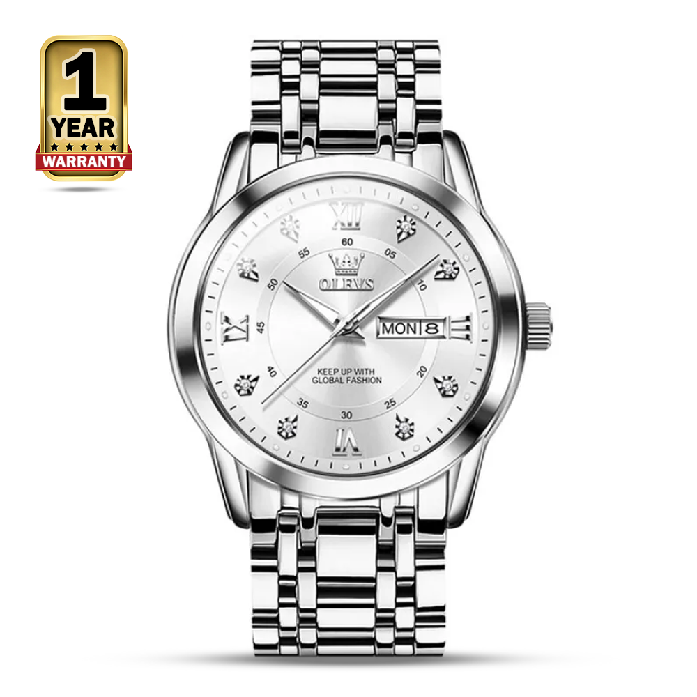 Olevs 5513 Stainless Steel Analog Watch For Men - White and Silver