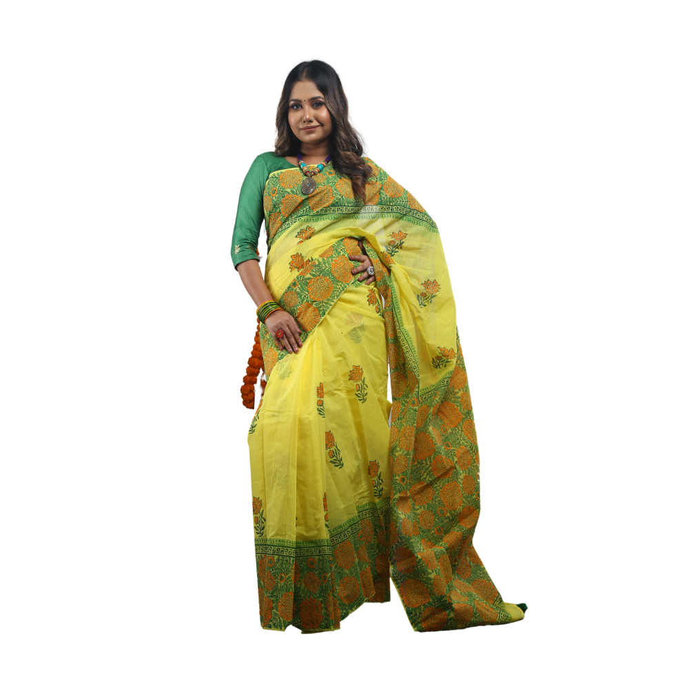 Skin Print Silk Cotton Saree For Women - Green & Yellow - SC3