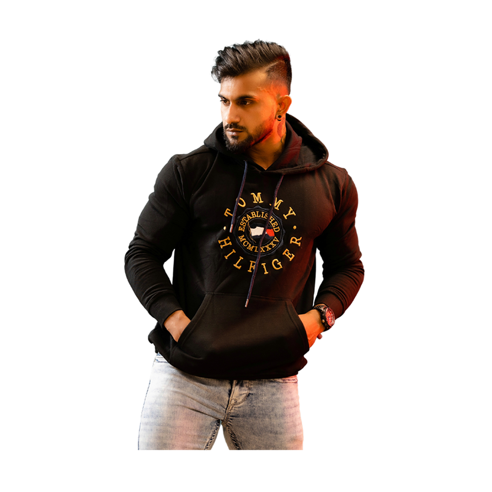 Fleece Chest Embroidery Hoddie For Men - THEMBHD-BL - Black