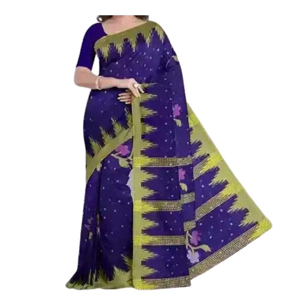 Half Silk Cotton Printed Monipuri Saree For Women - Deep Blue - SP-H09