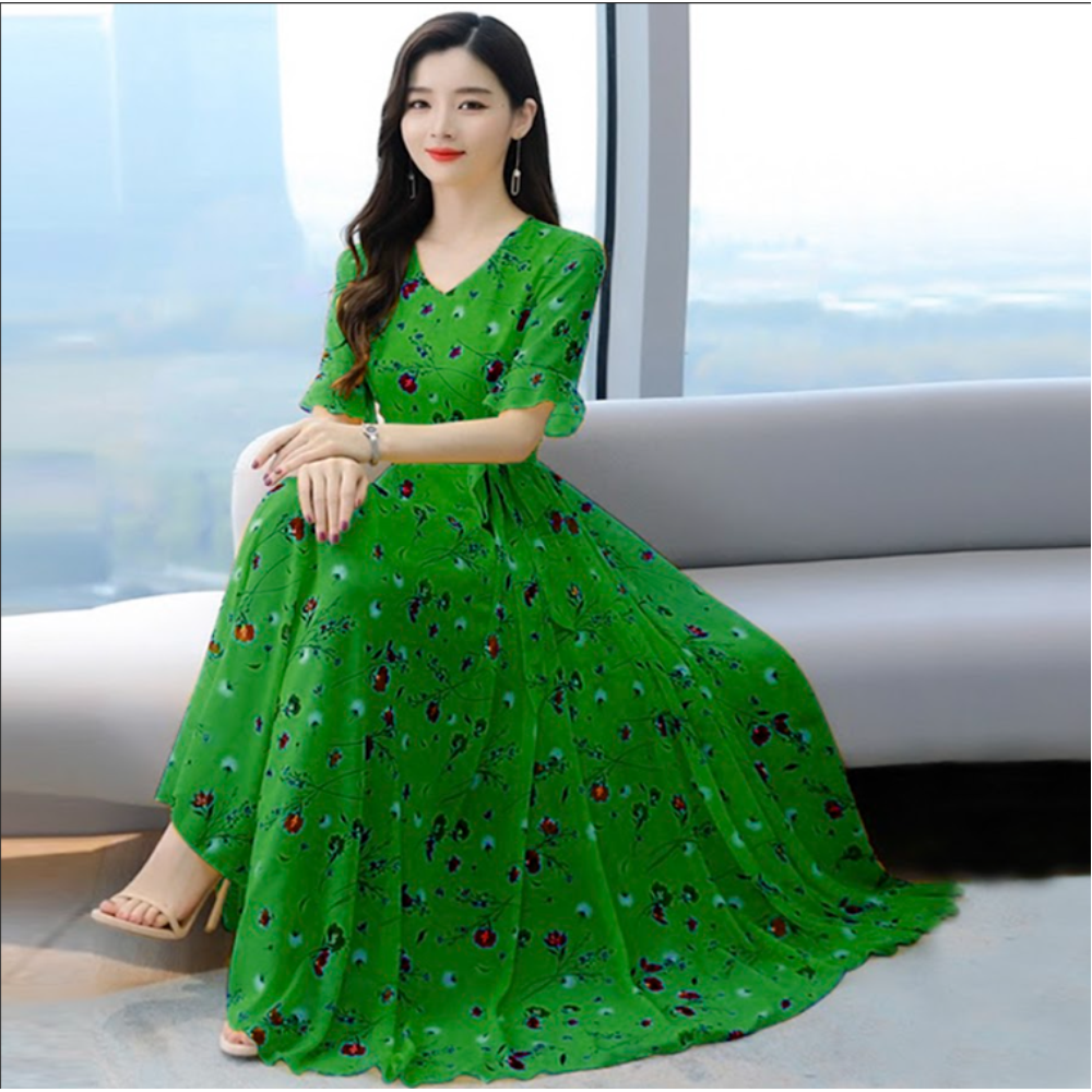 Linen 3D Print Short Sleeve Long Kurti for Women - Green - 20637