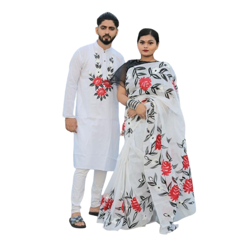 Hand Print Couple Set Saree With Panjabi - White - CS-71