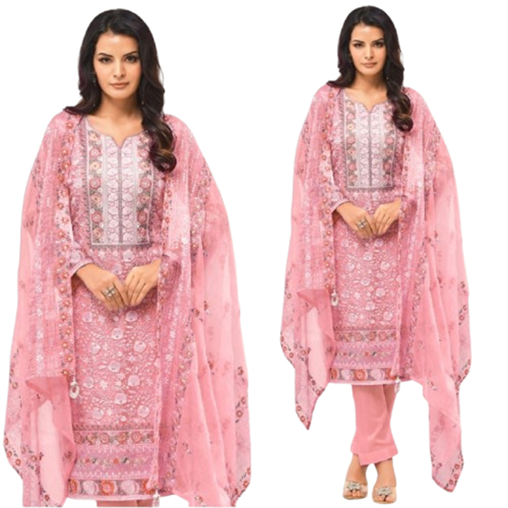 Unstitched Georgette Embroidery 4 Piece Salwar Kameez For Women - Light Pink - 4F-H2