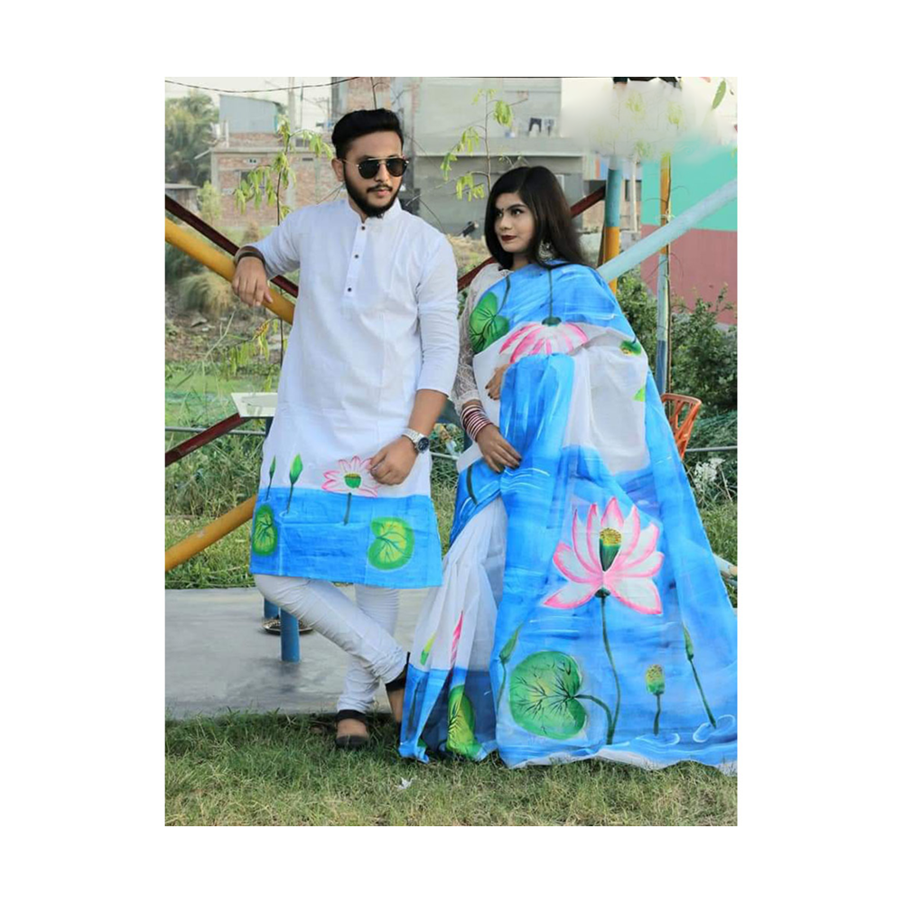 Hand Printed Half Silk Saree and Dhupian Silk Panjabi For Couple Set - BAN107