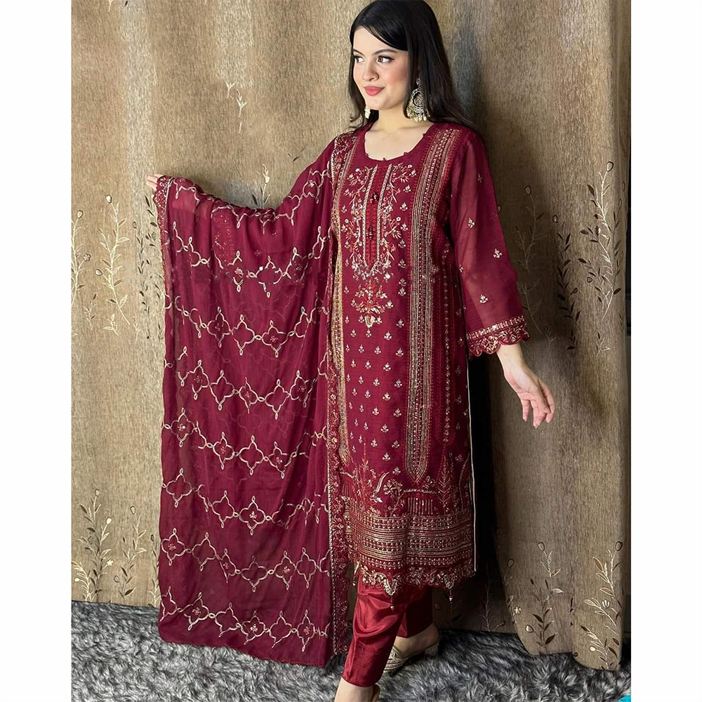 Unstitched Net Embroidered Salwar Suits  For Women - Maroon - S-8081