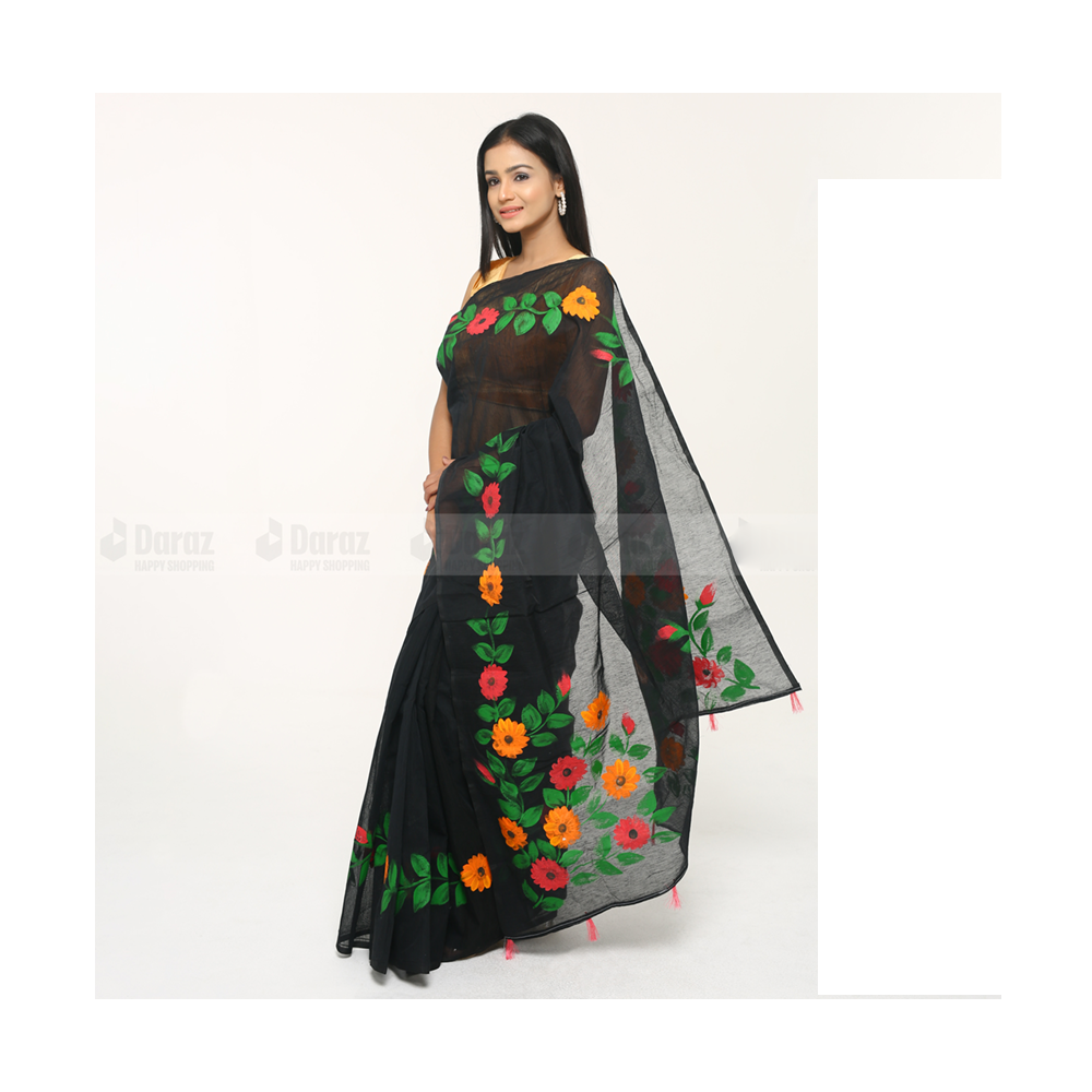 Hand Printed Half Silk Saree For Women - Multicolor