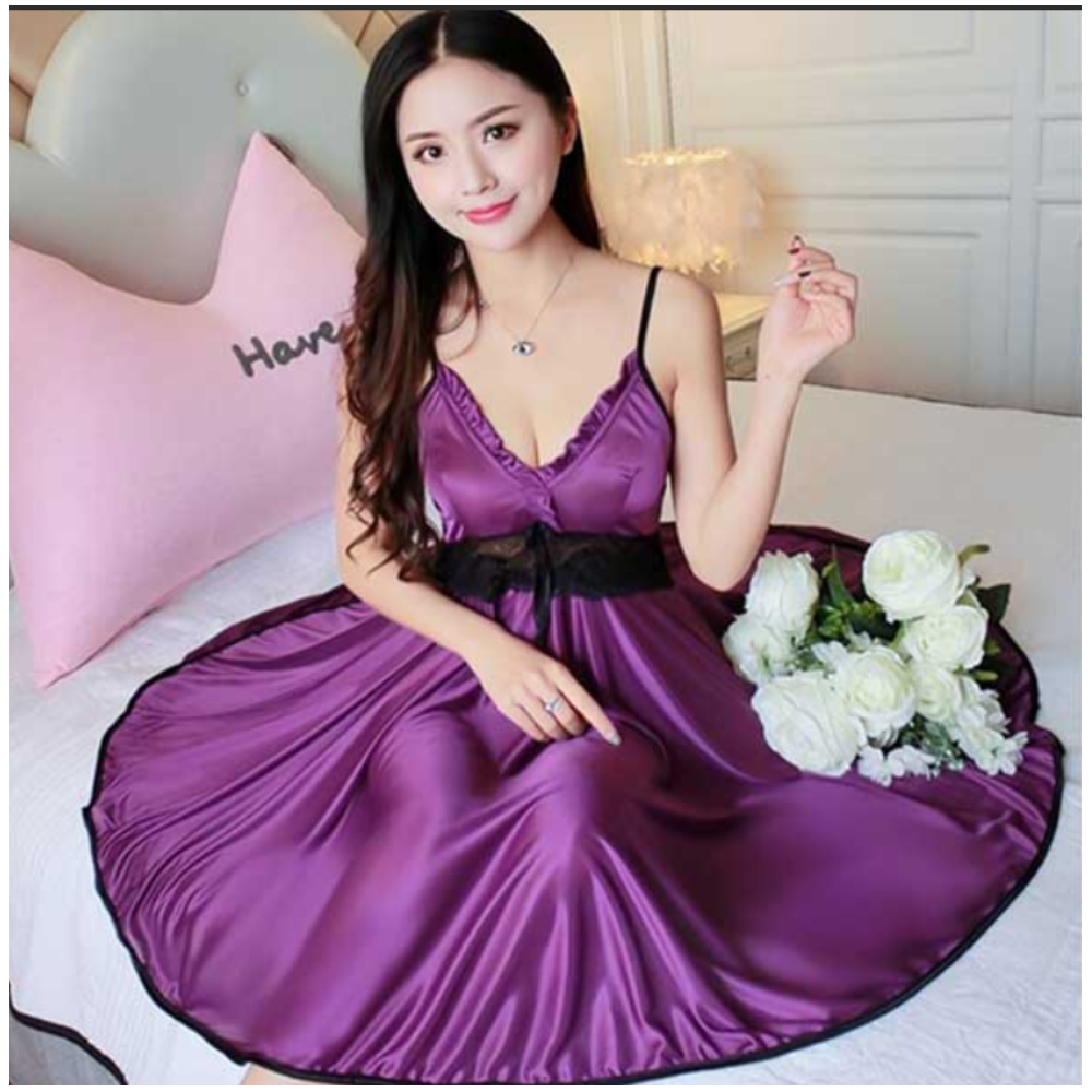 Satin Plain Nighty Dress With Panty - Purple - N_3045