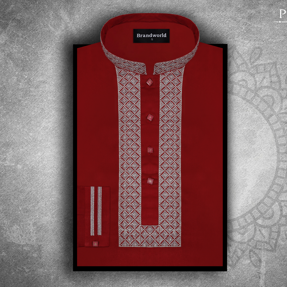 Cotton Embroidery Work Regular Fit Panjabi For Men - Red