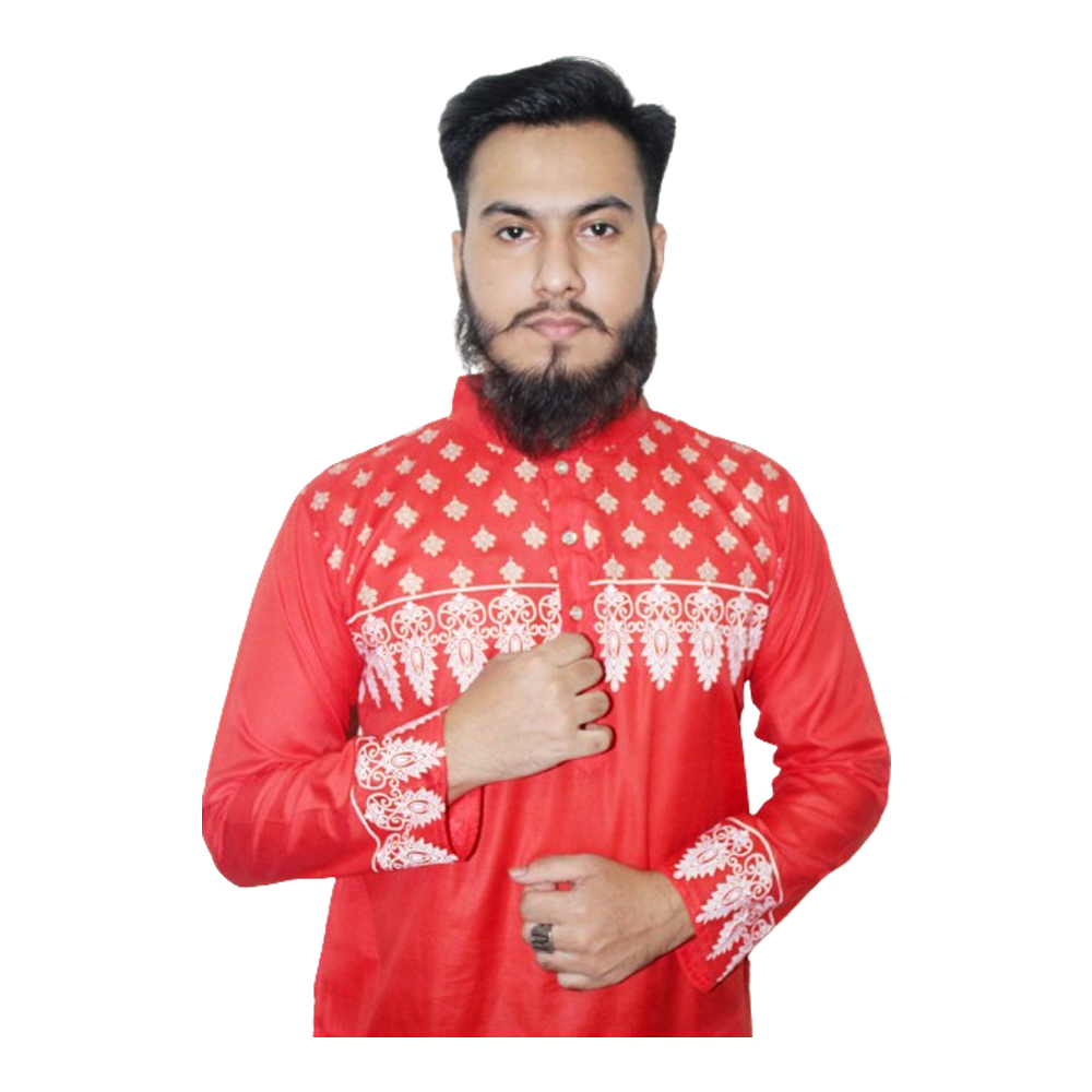 Cotton Semi Long Printed Panjabi For Men - Red