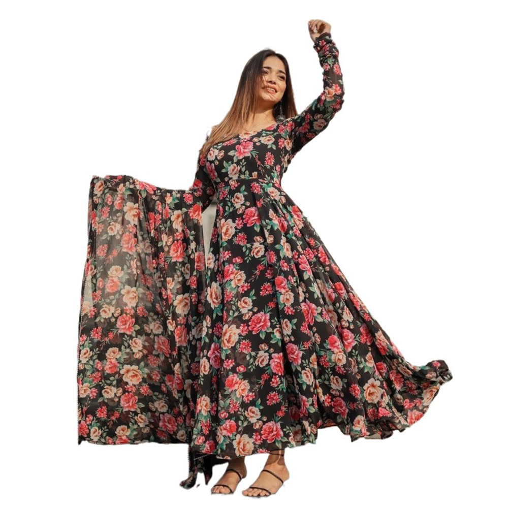 Georgette Mail Print Readymade Party Dress For Women - Multicolor 