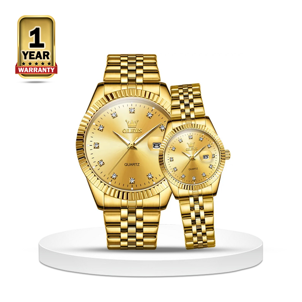 OLEVS 5526 Stainless Steel Waterproof Elegant Quartz Couple Wrist Watch - Gold