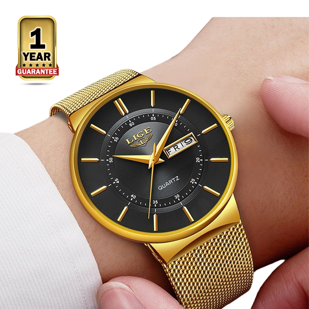 LIGE Stainless Steel Quartz Wrist Watch for Men - Black and Golden - W-1