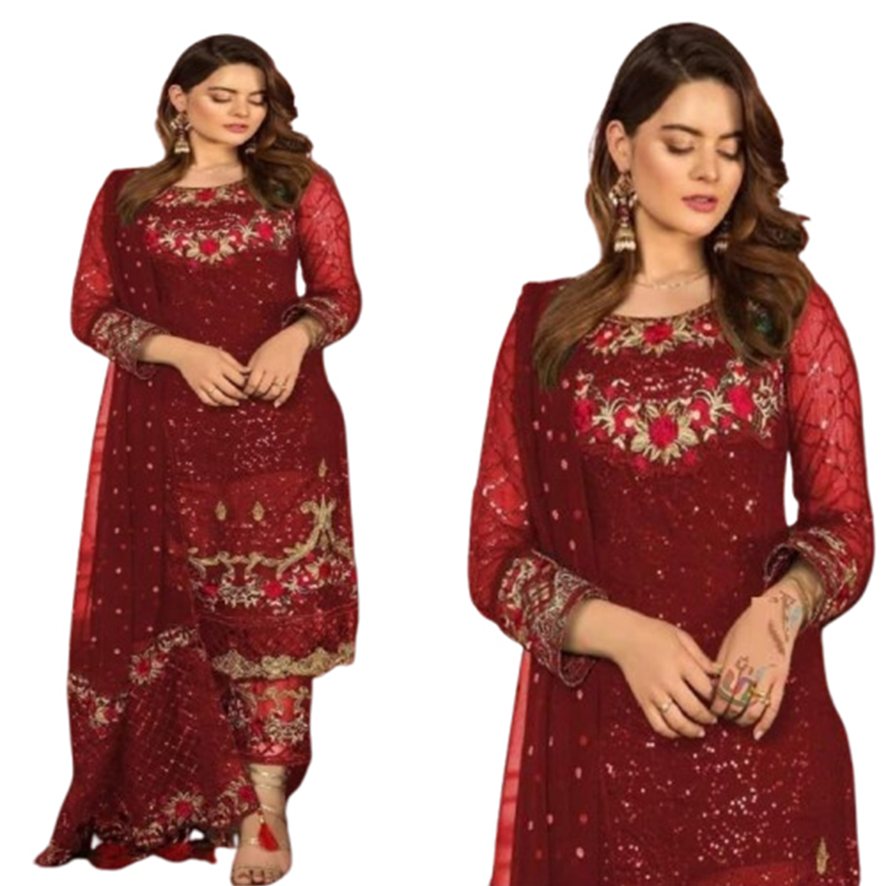 Unstitched Georgette Embroidery 4 Piece Salwar Kameez For Women - Maroon - 4F-G20